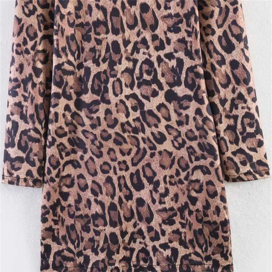Damen Leoprint-Minikleid mit Rundhalsausschnitt, langen Ärmeln und A-Linien‑Silhouette Shop Nory
