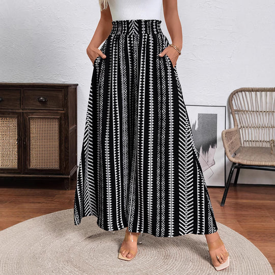 Damen Weite Palazzo-Hose mit hohem Smockbund, Seitentaschen & grafischem Streifenmuster Shop Nory
