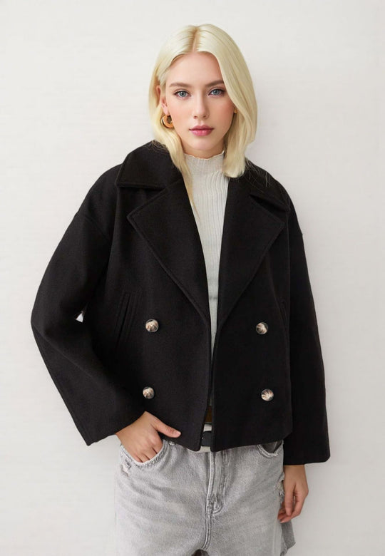Damen nan kurzes doppeltreihiges Wollmix-Manteljacke im Boxy-Cut mit weitem Reverskragen Shop Nory