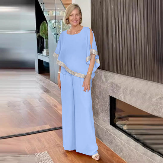 Damen elegantes Zweiteiler-Outfit mit luftiger Bluse und weitem Hosenstil Shopnory