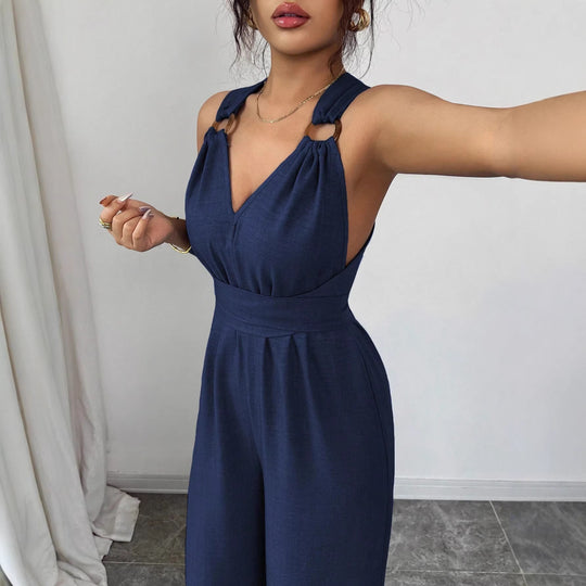 Damen Jumpsuit mit weitem Bein, tailliertem Wickelband und Ösen-Trägern Shop Nory