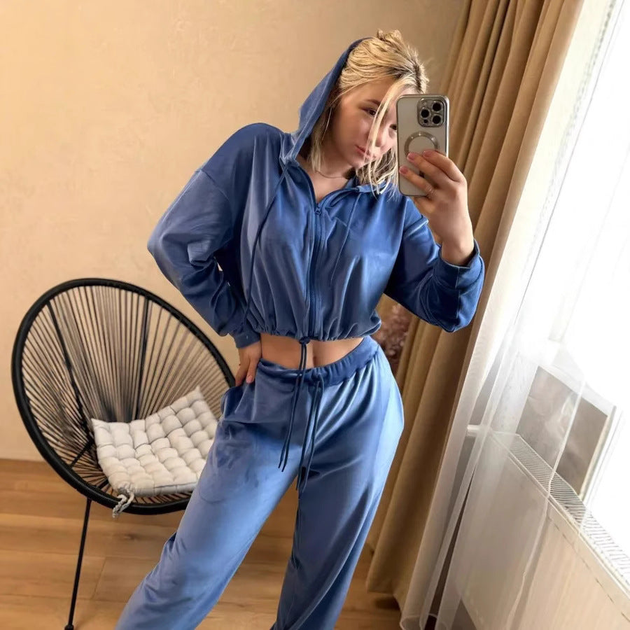 Damen Samtiges Cropped-Zip-Hoodie-Set mit Tunnelzugbund und weitem Lounge-Sweathose Shop Nory