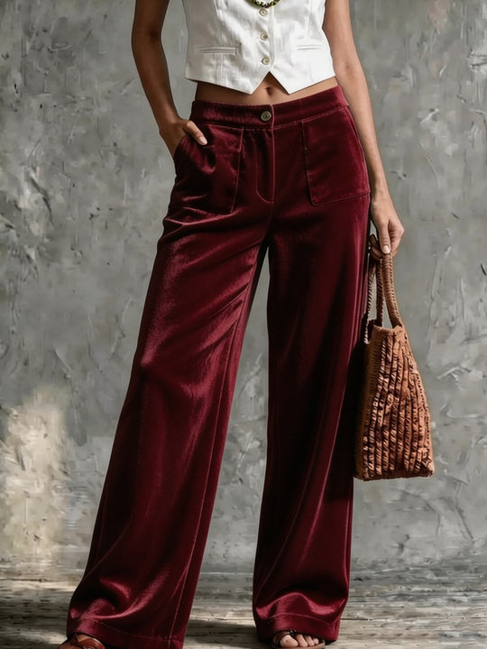 Damen Weite Samt-Palazzohose mit hoher Taille und aufgesetzten Taschen Shop Nory