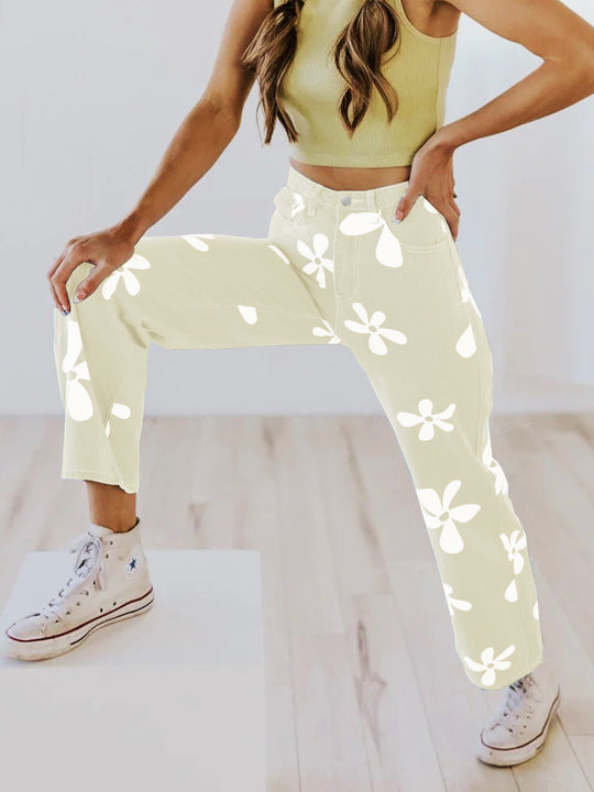 Damen Hochtaillierte Wide-Leg-Jeanshose mit großflächigem Blumenprint Shop Nory