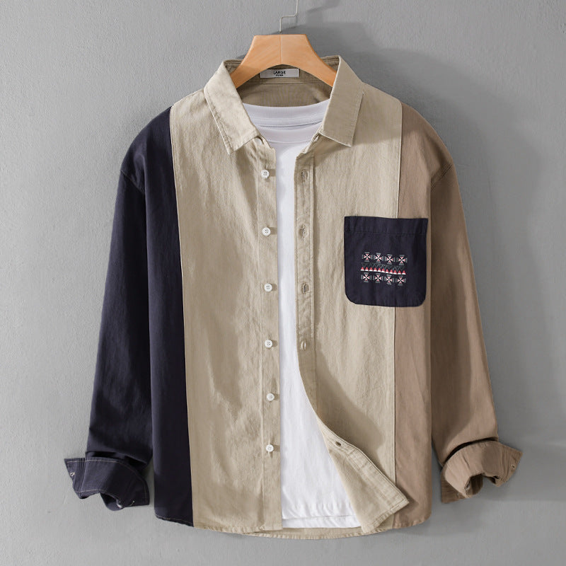 Herren Colorblock-Hemdjacke im Relaxed-Fit mit Brusttasche und Ethno-Stickerei Shop Nory