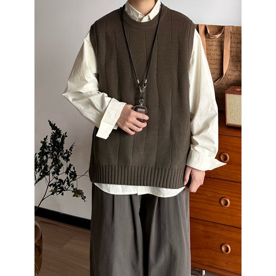 Herren Oversized Ärmellose Strickweste mit geripptem Saum und Rundhalsausschnitt Shop Nory