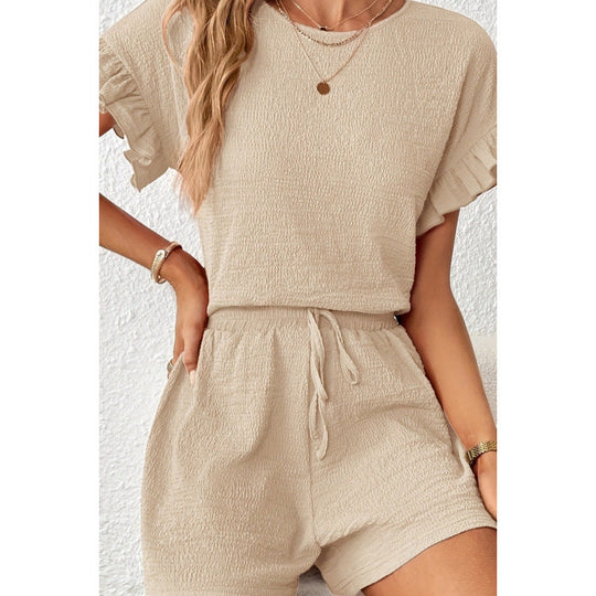 Damen Kurzarm-Overall mit Rüschendetails und Bindegürtel