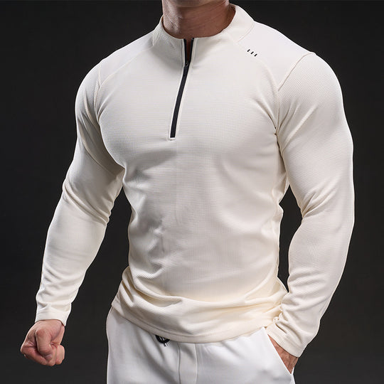Herren Slim-Fit Sportliches Langarm-Trainingsshirt mit Halb-Reißverschluss und Strukturgewebe Shop Nory