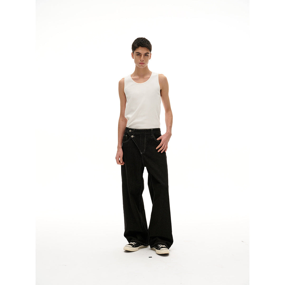 Damen High‑Waist weite Denim‑Hose mit asymmetrischer Knopfleiste und Kontrastnähten Shop Nory
