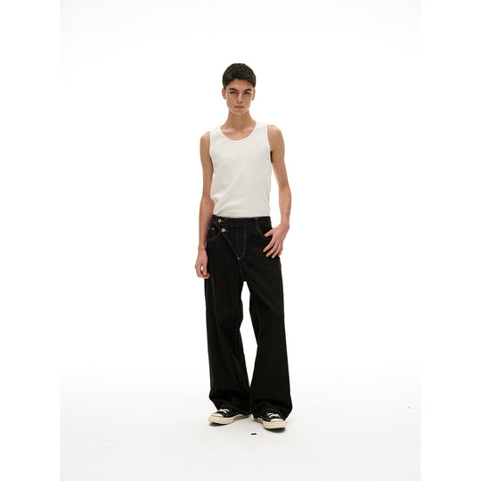 Damen High‑Waist weite Denim‑Hose mit asymmetrischer Knopfleiste und Kontrastnähten Shop Nory
