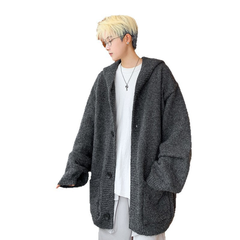Unisex Oversized Mohair-Optik Strickcardigan mit Kapuze und großen Knöpfen Shop Nory