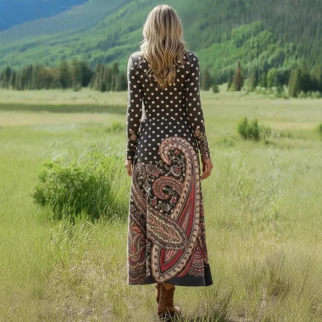 Damen Maxikleid mit Paisley‑ und Polka‑Dot‑Print, langärmeliges A‑Linien‑Jerseykleid Shop Nory