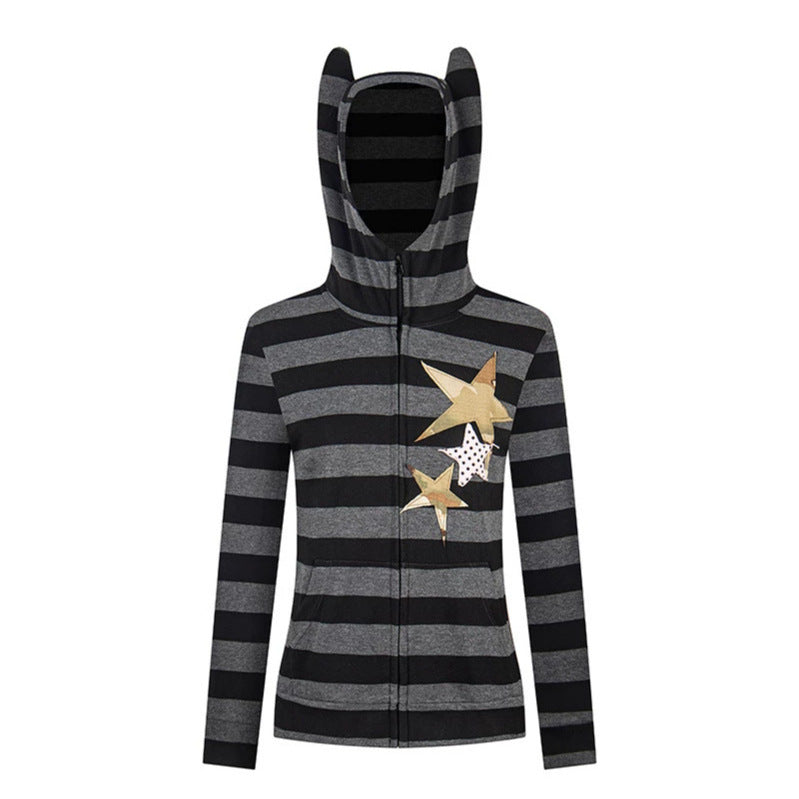Damen Kapuzenjacke mit Ohren, gestreifter Zip-Cardigan und Sternapplikationen Shop Nory