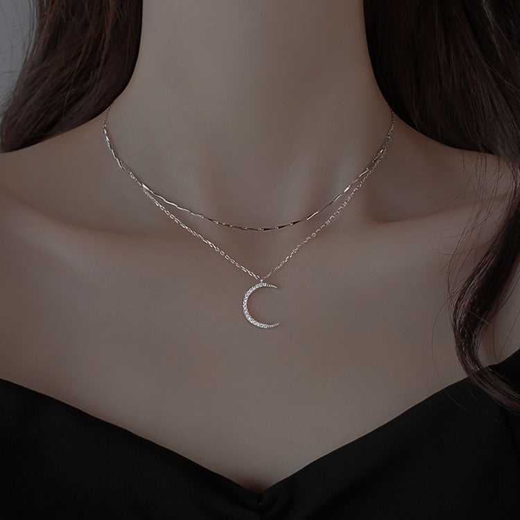 Damen elegante Halskette mit Doppelstrang und Mondanhänger Shop Nory