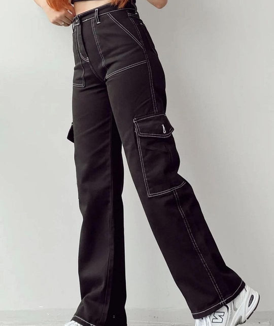 Damen High-Waist-Cargohose aus Twill mit aufgesetzten Klappentaschen und weitem Bein Shop Nory