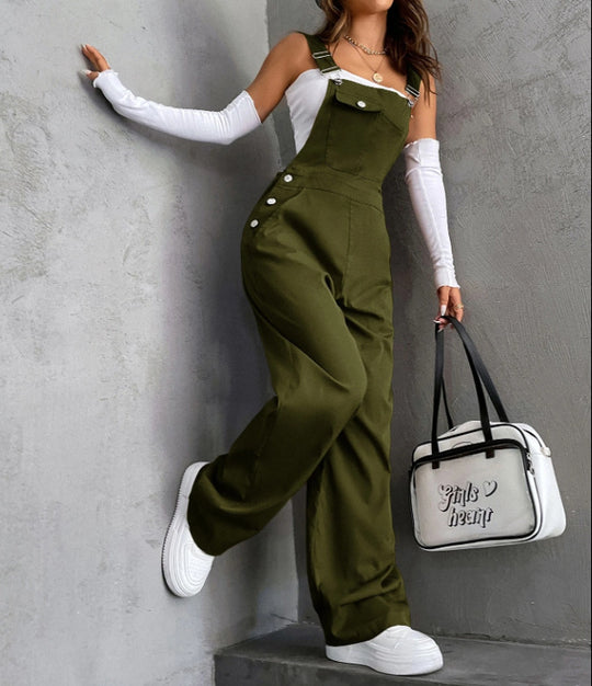 Damen lässige hochgeschnittene Latzhose mit weitem Bein, Knopfdetails und Brusttasche Shop Nory