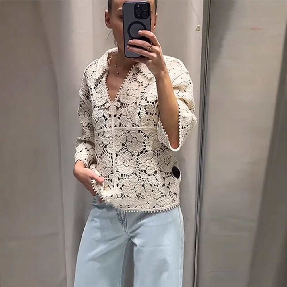 Damen Gehäkelte Bluse mit floralem Ajourmuster und dreiviertel Ärmeln Shop Nory