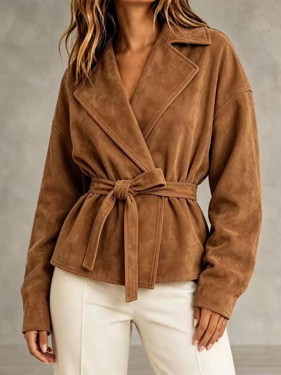 Damen Veloursleder-Blazer mit Wickelgürtel und Oversize-Ärmeln Shop Nory