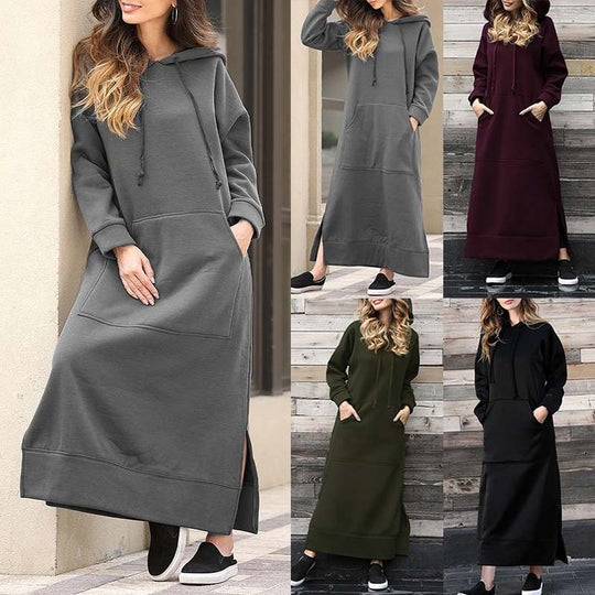 Damen nan langes Kapuzen-Sweatkleid mit Kängurutasche, Seitenschlitzen und lockerer Oversize-Passform Shop Nory