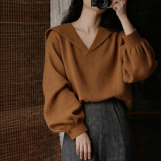 Damen Modischer Pullover mit tiefem V-Ausschnitt und weit geschnittenen Ärmeln Shop Nory