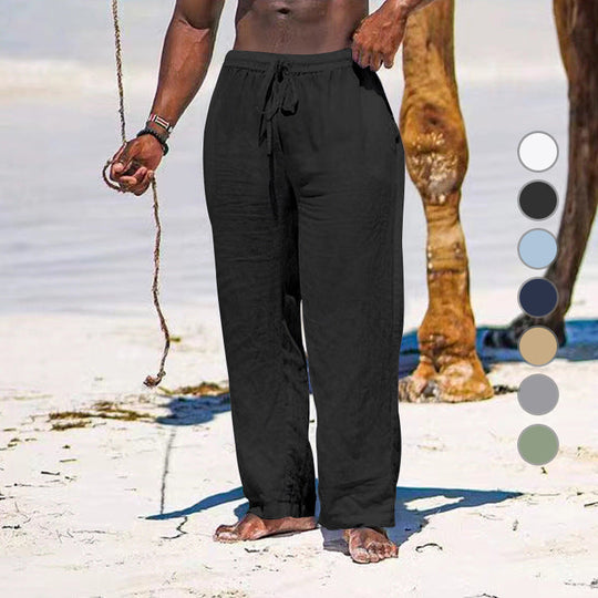 Herren lässige Strandhose aus leichtem Leinenstoff mit elastischem Bund und Kordelzug