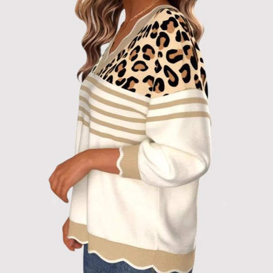 Damen Modischer V-Pullover mit Leo-Print