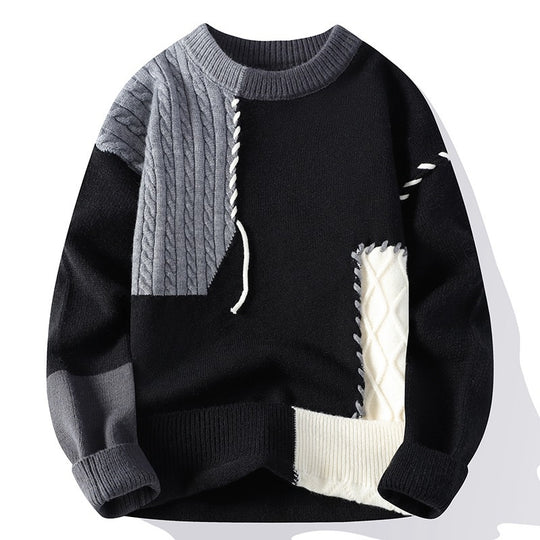 Unisex Patchwork-Strickpullover mit Zopfmuster-Applikationen und Rippabschlüssen Shop Nory