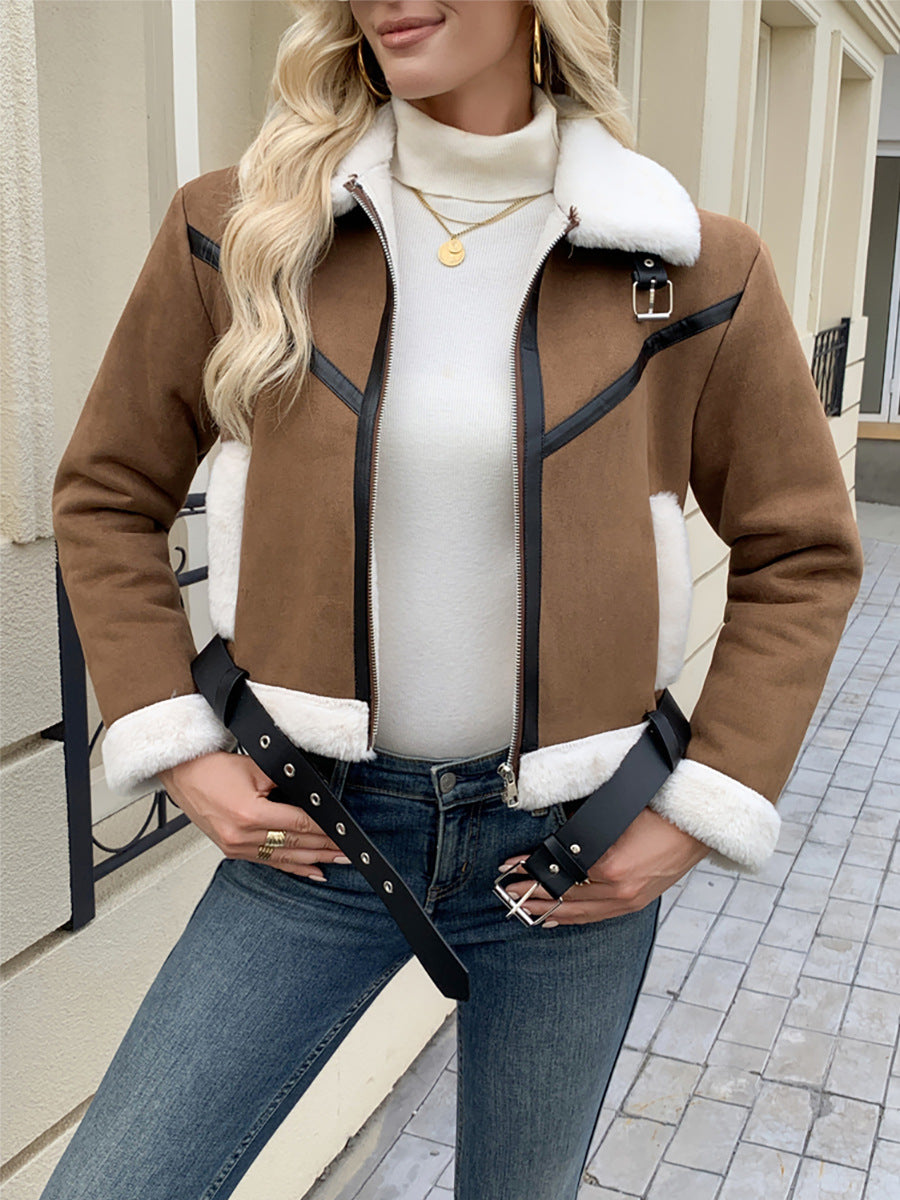 Damen Modische Teddyfelljacke mit Lederdetails