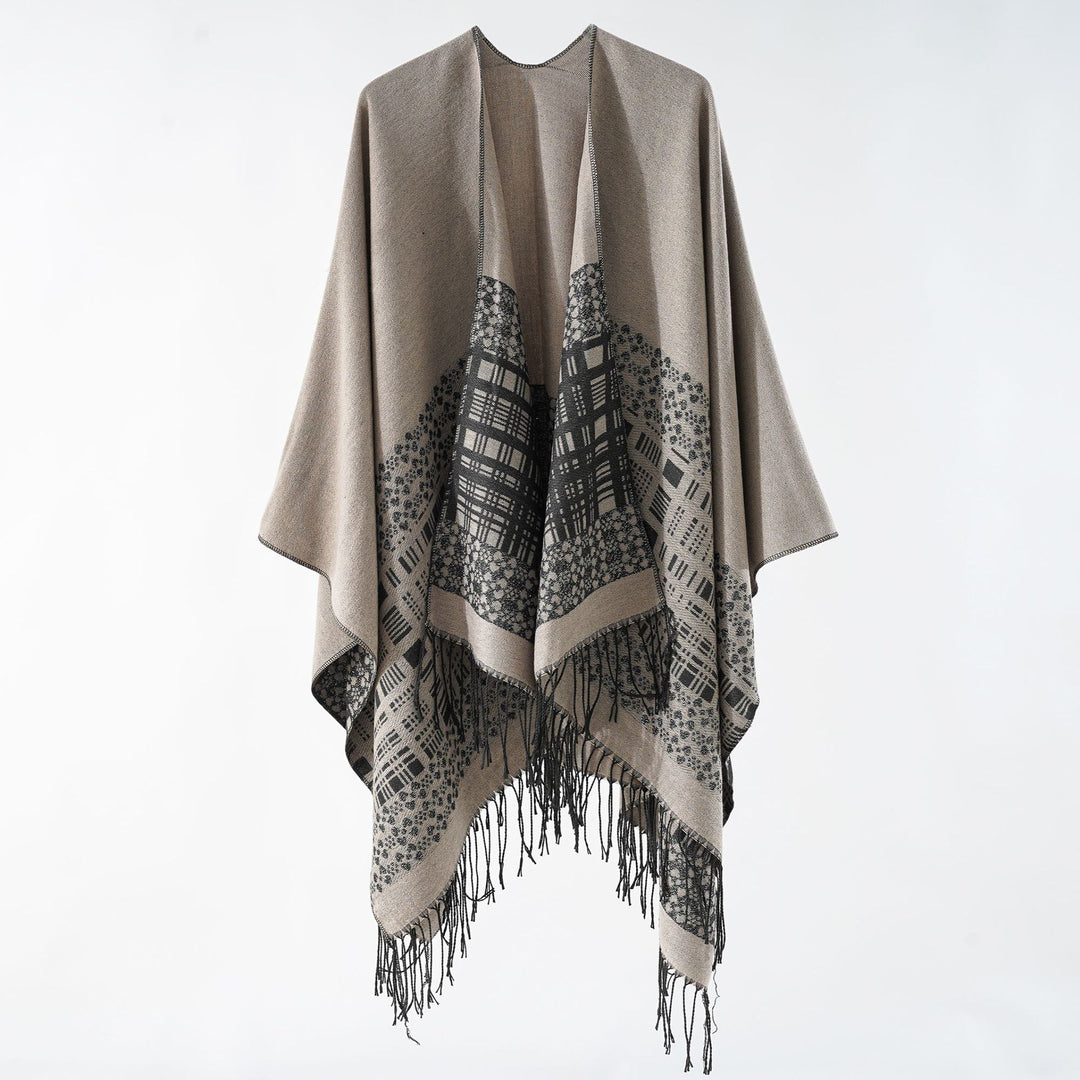 Damen Wollmix-Schulterponcho mit Jacquardmuster und Fransensaum Shop Nory