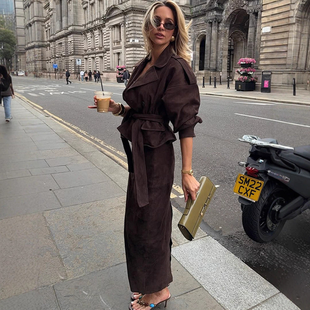 Damen Velours‑Suede Trenchcoat mit Taillengürtel und Peplum‑Silhouette Shop Nory