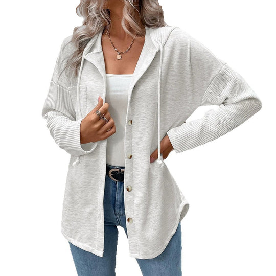 Damen Kapuzencardigan mit Knopfleiste, kontrastierenden Rippärmeln und lässiger Longline-Silhouette Shop Nory