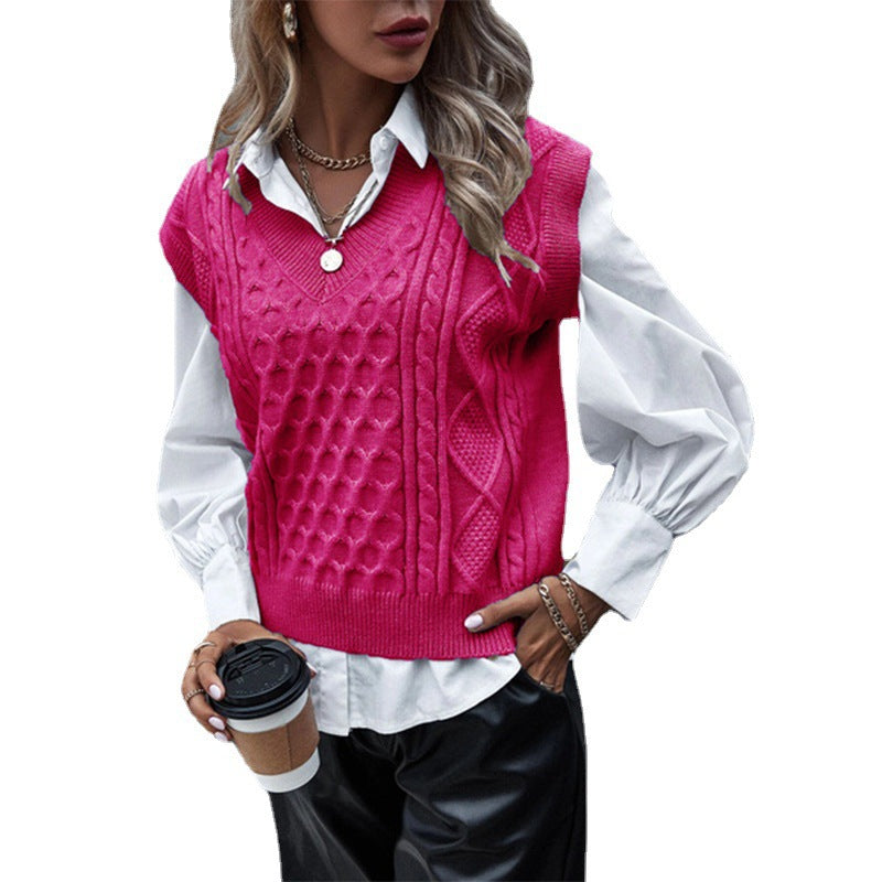 Damen Strickpullover mit Zopfmuster und V-Ausschnitt