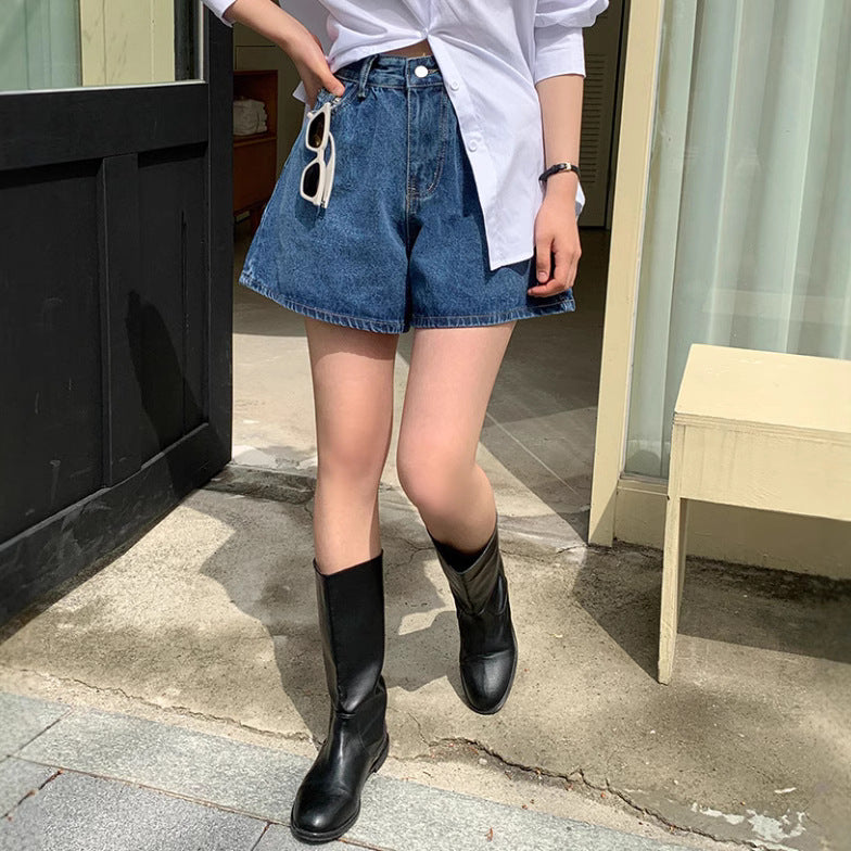 Damen Freizeit Jeans-Shorts mit hohem Bund und elastischem Gürtel