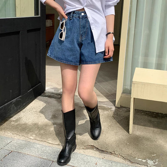 Damen Freizeit Jeans-Shorts mit hohem Bund und elastischem Gürtel