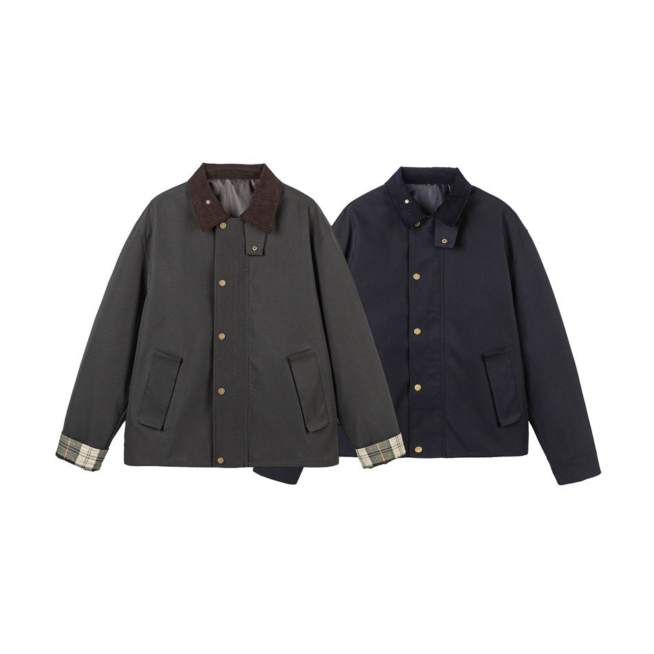 Herren Kurz geschnittene Canvas‑Fieldjacke mit Cordkragen und verdeckter Druckknopfleiste Shop Nory