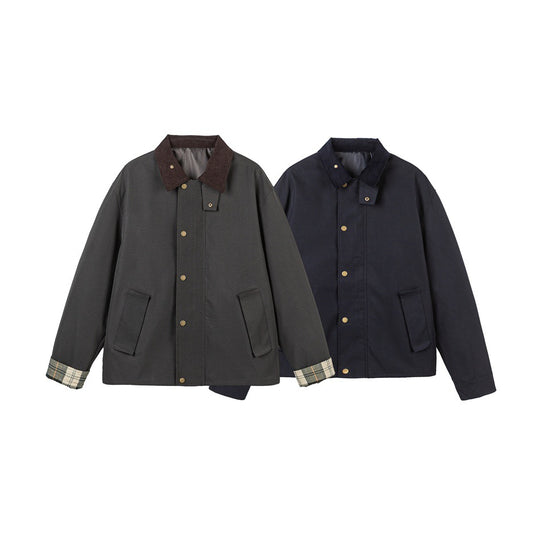 Herren Kurz geschnittene Canvas‑Fieldjacke mit Cordkragen und verdeckter Druckknopfleiste Shop Nory