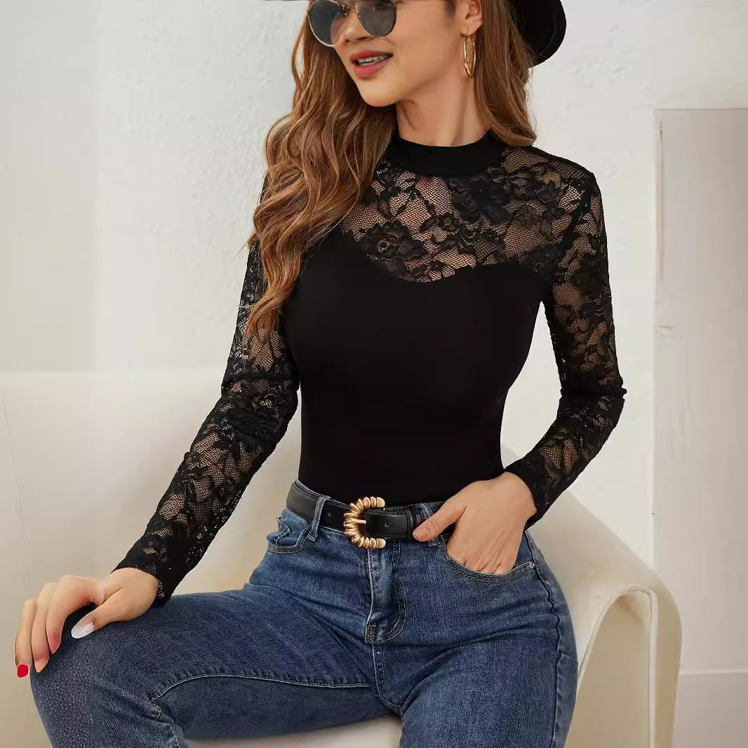 Damen Elegantes Longsleeve-Oberteil mit romantischer Spitze
