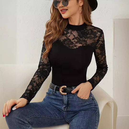 Damen Elegantes Longsleeve-Oberteil mit romantischer Spitze