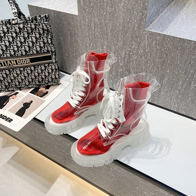 Damen Transparente Chunky Stiefel mit modischem Obermaterial und robustem Sohlenprofil Shopnory