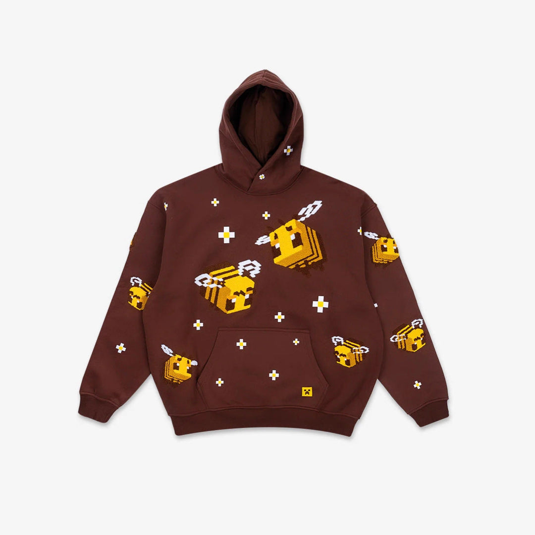 Unisex nan Kapuzenpullover mit eingestricktem Pixel-Bienenmotiv und aufgesetzter Kängurutasche