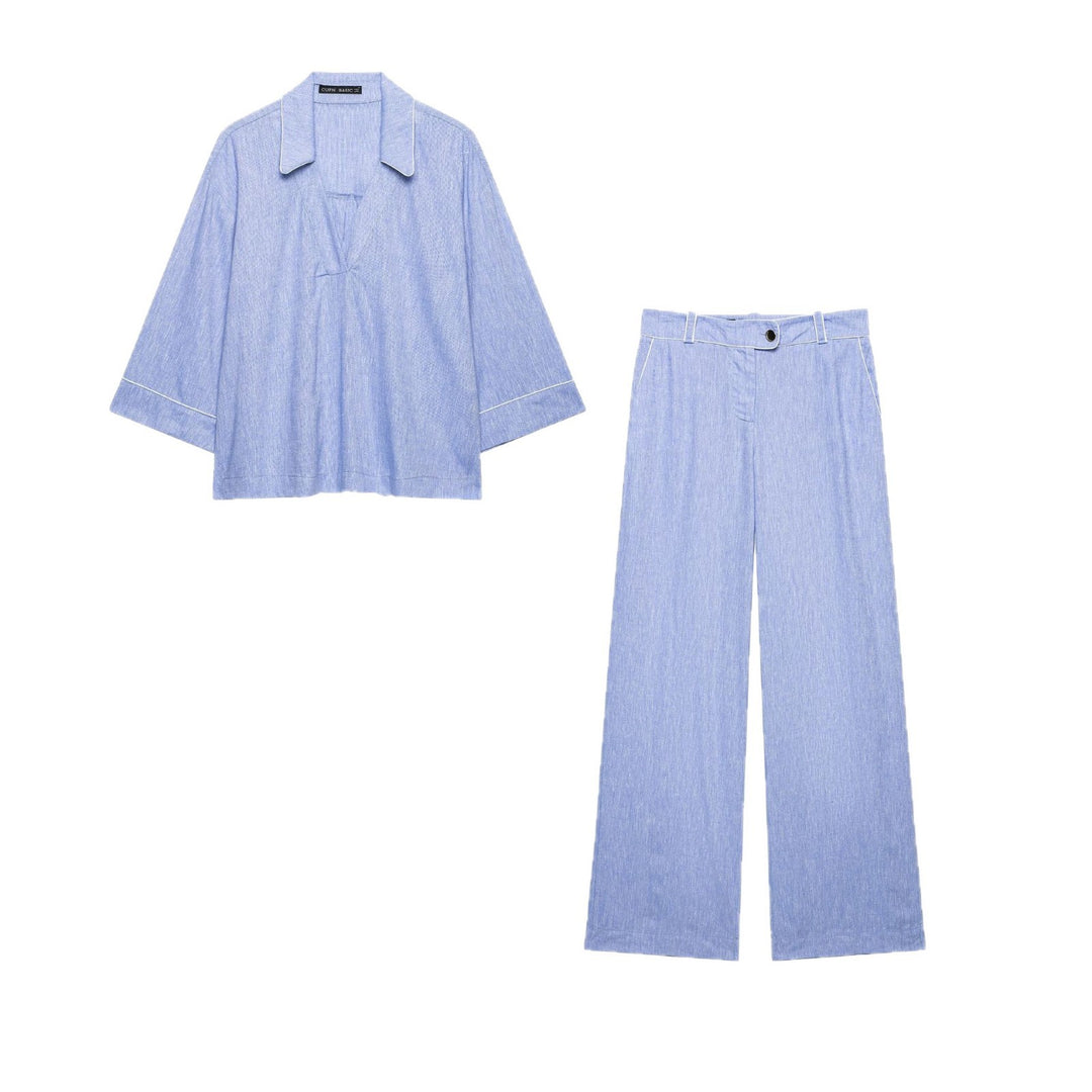 Damen Leichtes Leinenoptik-Zweiteiler mit oversized Hemdoberteil und Highwaist Wide‑Leg Hose Shop Nory