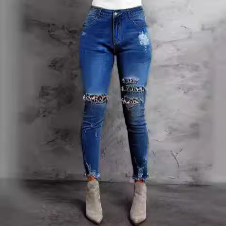 Damen Stretch-Skinny-Jeans mit High-Waist, Knie-Ripped-Details und Leo-Unterlage Shop Nory
