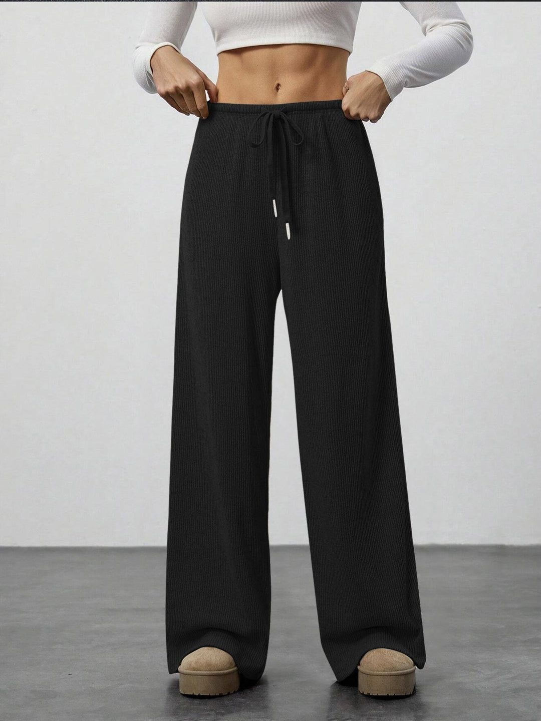 Damen Weiche Rippstrick Loungehose mit weitem Bein und Kordelzug Shop Nory