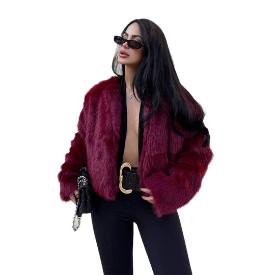 Damen Kurz geschnittener Boxy Kunstfell-Bomber mit voluminösem Schalkragen Shop Nory