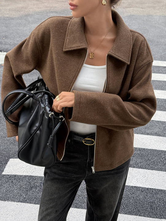Damen nan kaschmirähnliche Wolljacke mit durchgehendem Reißverschluss, oversized Schnitt und Hemdkragen Shop Nory