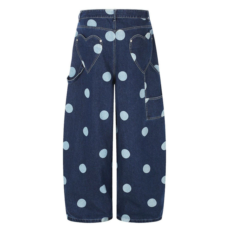 Damen Hochtaillierte weite Jeans‑Culotte mit Polka‑Dot‑Print und Utility‑Details Shop Nory