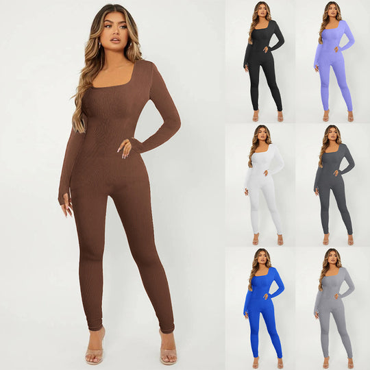 Damen Rippstrick Skinny Jumpsuit mit Quadratischem Ausschnitt, Langen Ärmeln und Daumenloch Shop Nory