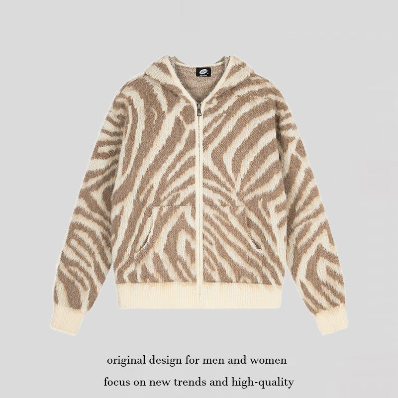 Damen Flauschige Zip-Kapuzen-Strickjacke mit Zebra-Jacquard und Kängurutasche Shop Nory