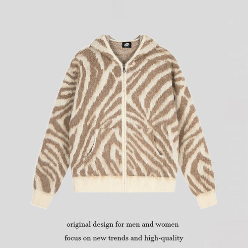 Damen Flauschige Zip-Kapuzen-Strickjacke mit Zebra-Jacquard und Kängurutasche Shop Nory