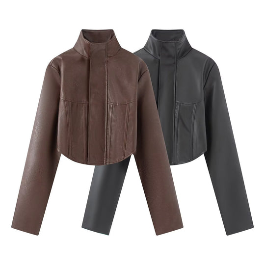 Damen Gekürzte Kunstleder-Jacke mit Stehkragen und taillierten Teilungsnähten Shop Nory
